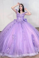Chic Ball Gown Off Shoulder Beaded 3D Flower Appliques Bow Knot Lilac Tulle Quinceanera Dress For Sweet 16