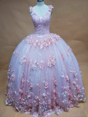 Chic Ball Gown V Neck Straps 3D Floral Lace Appliques Beaded Pink Tulle Princess Gown Quinceanera Dress For Sweet 16