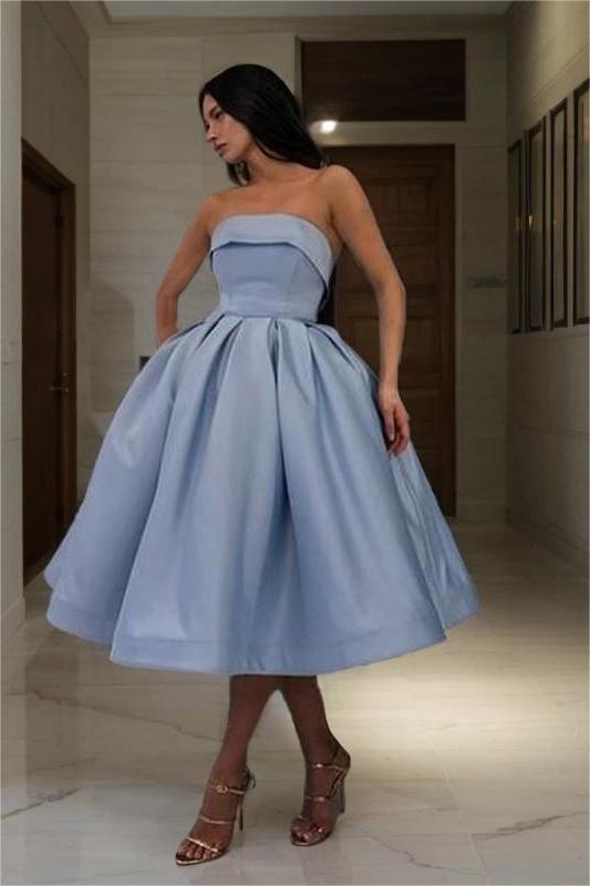Chic Blue Strapless Homecoming Dress Sleeveless A Line Short Cocktail Dress With Pleated