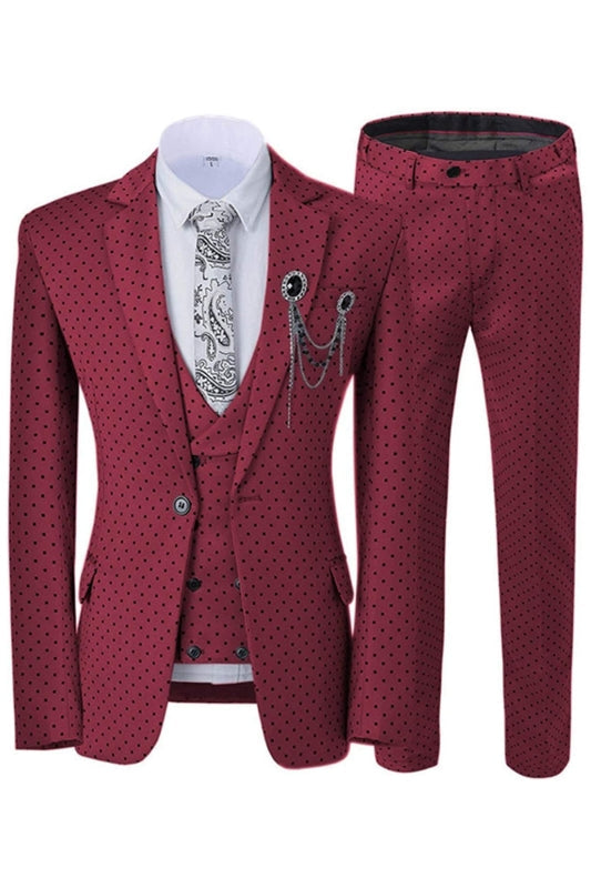 Chic Burgundy Notched Lapel 3 Piece Prom Suit with Black Dot