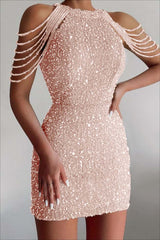 Chic Champagne Sequined Homecoming Dress Gold Jewel Neck Short Cocktail Dress With Beadings