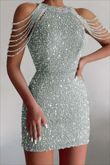 Chic Champagne Sequined Homecoming Dress Gold Jewel Neck Short Cocktail Dress With Beadings