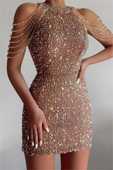 Chic Champagne Sequined Homecoming Dress Gold Jewel Neck Short Cocktail Dress With Beadings