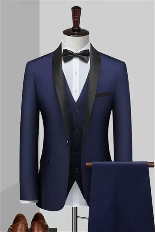 Chic Dark Blue 3 Piece Shawl Lapel Wedding Suit for Men