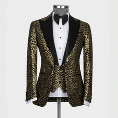 Chic Gold Jacquard Peaked Lapel 3 Piece Prom Suit