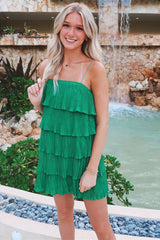 Chic Homecoming Dress Green Shoulder Strap Ruffle Tiered Pleated Party Short Party Cocktail Dress