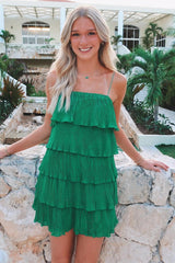 Chic Homecoming Dress Green Shoulder Strap Ruffle Tiered Pleated Party Short Party Cocktail Dress