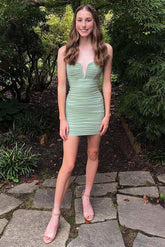 Chic Homecoming Dress Notched Ruched Mini Sage Green Short Party Cocktail Dress
