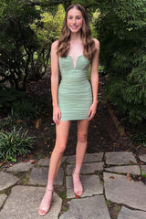 Chic Homecoming Dress Notched Ruched Mini Sage Green Short Party Cocktail Dress