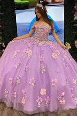 Chic & Modern Ball Gown Off Shoulder 3D Flower Appliques Sequins Lilac Tulle Formal Evening Partyquinceanera Dress Princess For Sweet 16