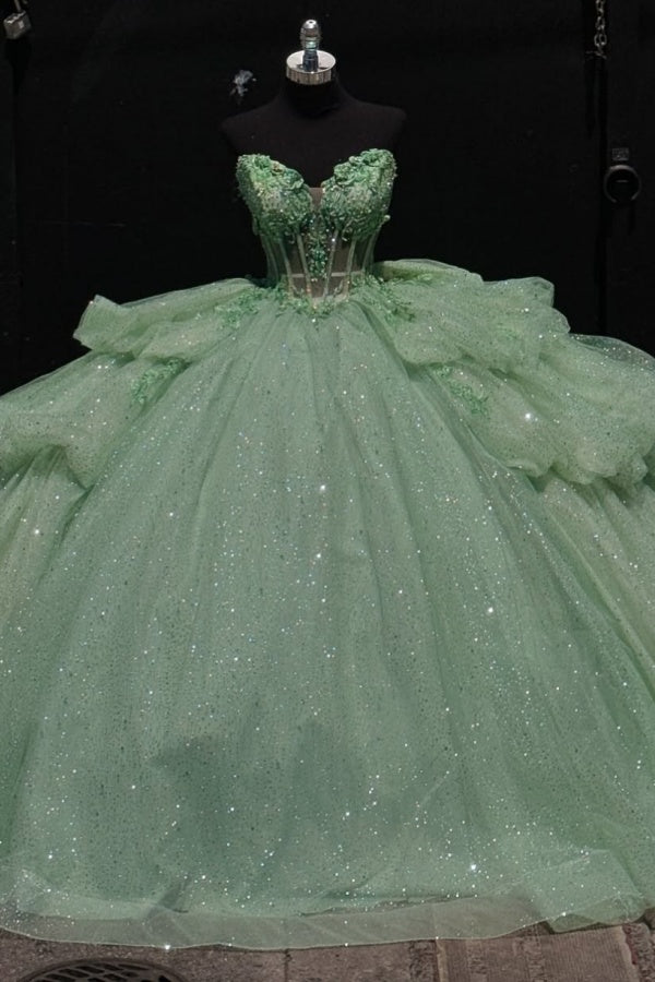 Dressystars Chic & Modern Ball Gown Sweetheart Neck Lace Up Bow Knot Tiered Beaded Sequins Appliques Mint Green Sparkly Tulle Quinceanera Dress Birthday Party Gown For Sweet 16 Dressystars Chic & Modern Ball Gown Sweetheart Neck Lace Up Bow Knot Tiered Beaded Sequins Appliques Mint Green Sparkly Tulle Quinceanera Dress Birthday Party Gown For Sweet 16
