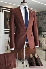 Chic Rufous Peaked Lapel 2 Piece Striped Business Suit