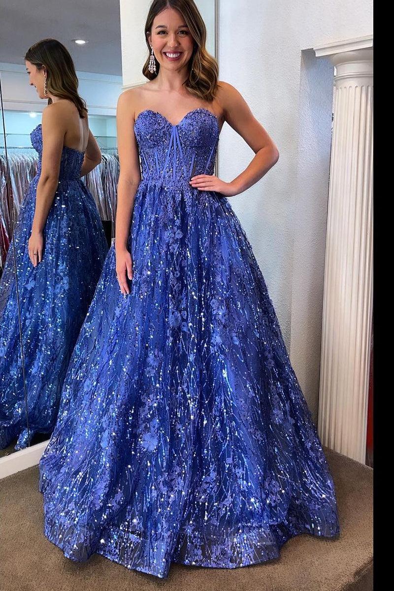 Chic Sweetheart Collar Blue Prom Dress Sequin Lace Corest Long Evening Dress