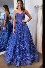 Chic Sweetheart Collar Blue Prom Dress Sequin Lace Corest Long Evening Dress