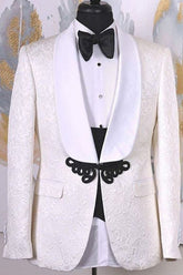 Chic White Shawl Lapel 2 Piece Jacquard Wedding Suit