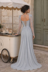 Chiffon A Line Mother of the Bride Dress with Beaded Long Sleeves and Side Slit