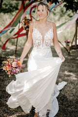 Chiffon A Line Wedding Dress with Plunging V Neck and Open Back