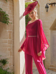 Chiffon Jumpsuit for Mothers with Scoop Neck Long Sleeves and Belt