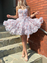 Dressystars Chiffon Printing Ruffle Mini Ball Gown Homecoming Dress With Bow