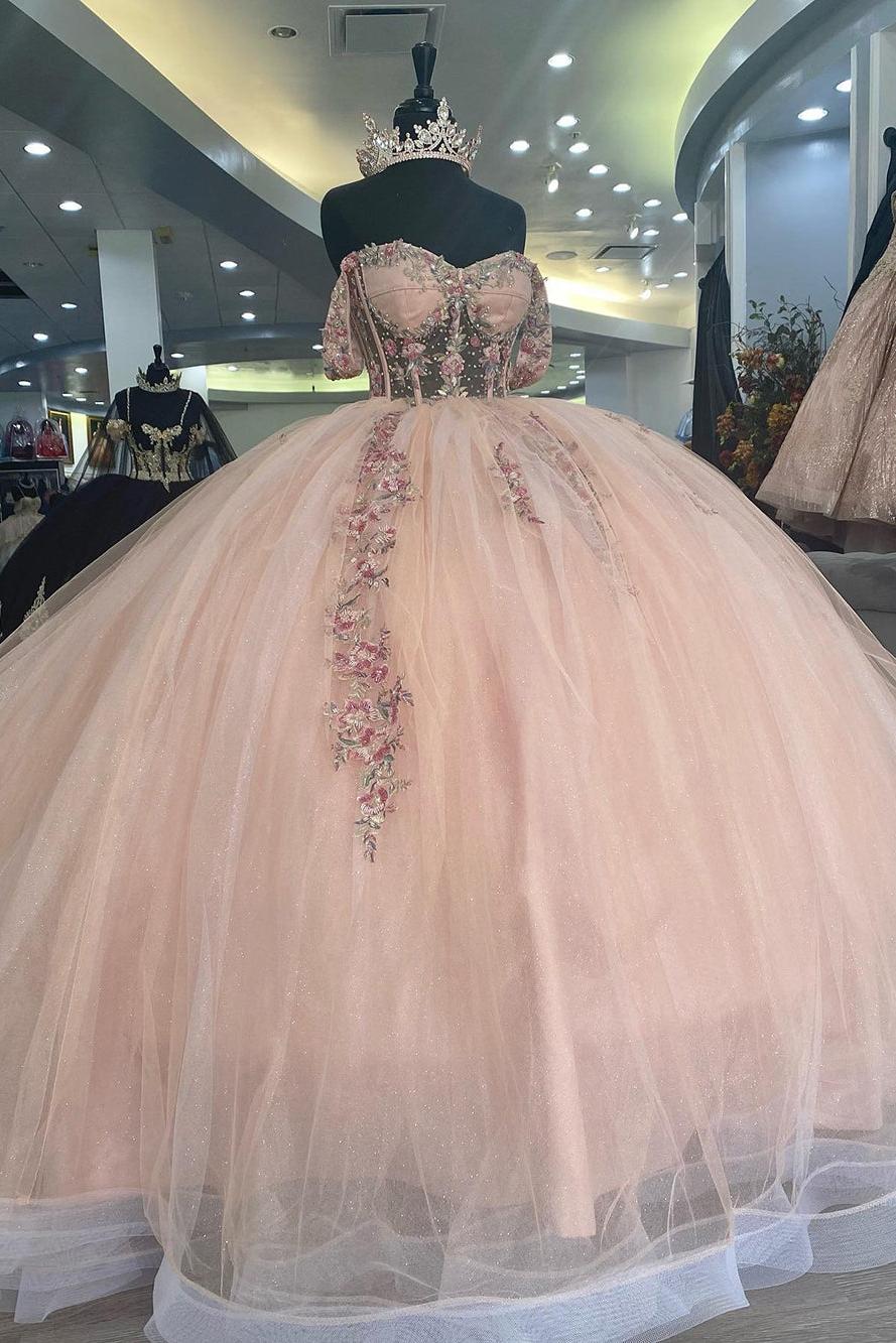 Classic Ball Gown Sweetheart Neck Off Shoulder Sleeveless Flower Lace Appliques Baby Pink Tulle Princess Prom Party Gown Quinceanera Dress For Sweet 16 Dress