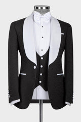 Classic Black 3 Piece Wedding Suit with White Shawl Lapel