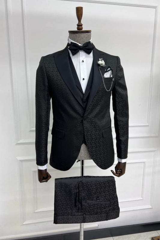 Classic Black Jacquard Notched Lapel 3 Piece Prom Suit