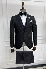 Classic Black Jacquard Notched Lapel 3 Piece Prom Suit