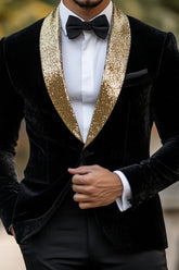 Classic Black Velvet Blazer For Men - Single-Button Vintage Party Jacket