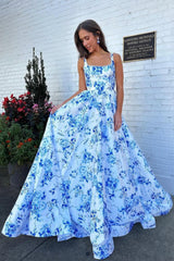 Dressystars Classic Blue Floral A-Line Square Neck Backless Long Prom Gown Formal Evening Gown