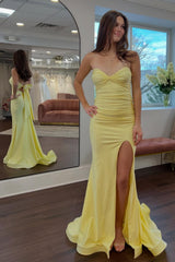 Dressystars Classic Mermaid Sweetheart Yellow Long Prom Dress With Split Front Open Back Formal Evening Gown