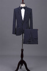 Classic Navy Blue Notched Lapel 2 Piece Striped Business Suit