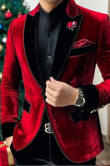 Classic Single-Button Velvet Blazer For Men In Solid Colors