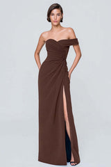 Dressystars Coffee Asymmetrical Neck One Shoulder Ruched Long Prom Dress With Slit