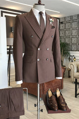 Coffee Double Breasted Peaked Lapel Striped Business Suit