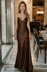 Coffee Formal Dress Satin Spaghetti Straps Mermaid Long Wedding Guest Dress