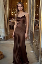 Coffee Formal Dress Satin Spaghetti Straps Sheath Long Wedding Guest Dress