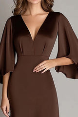 Coffee Formal Dress Satin V Neck Sheath Long Wedding Guest Dress With 3/4 Sleeves