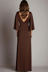 Coffee Formal Dress Satin V Neck Sheath Long Wedding Guest Dress With 3/4 Sleeves