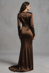 Dressystars Coffee Mermaid Crew Neck Ruched Long Satin Prom Dress
