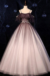 Coffee One Shoulder Tulle Long Prom Gown Formal Dress Evening Dress