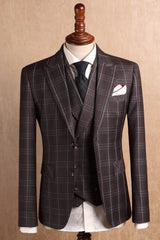 Coffee Plaid Three Piece Peaked Lapel Prom Suit