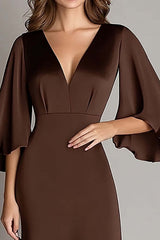 Coffee Prom Dress Satin V Neck Sheath Long Formal Dress With 3/4 Sleeves