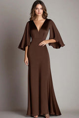 Coffee Prom Dress Satin V Neck Sheath Long Formal Dress With 3/4 Sleeves