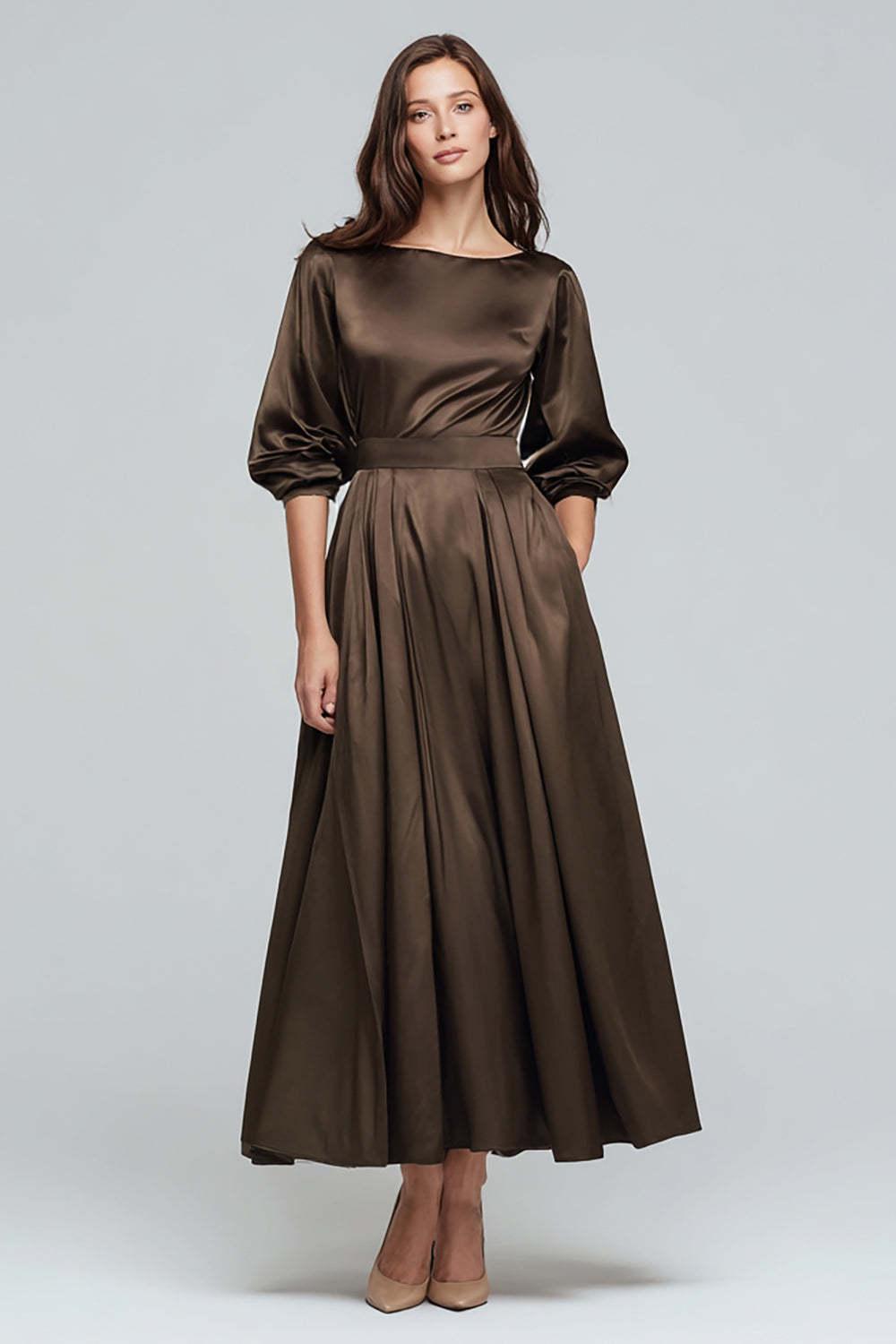 Dressystars Coffee Satin Half Sleeves A-Line Long Evening Dress