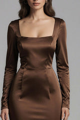Dressystars Coffee Satin Mermaid Square Neck Long Evening Dress With Sleeves