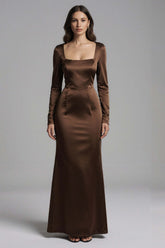 Dressystars Coffee Satin Mermaid Square Neck Long Evening Dress With Sleeves