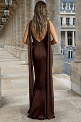 Dressystars Coffee Sheath V Neck Backless Long Satin Prom Dress With Cape