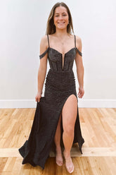 Cold Shoulder Glamorous Black Prom Dress Delicate Beaded Split Mermaid Evening Dress