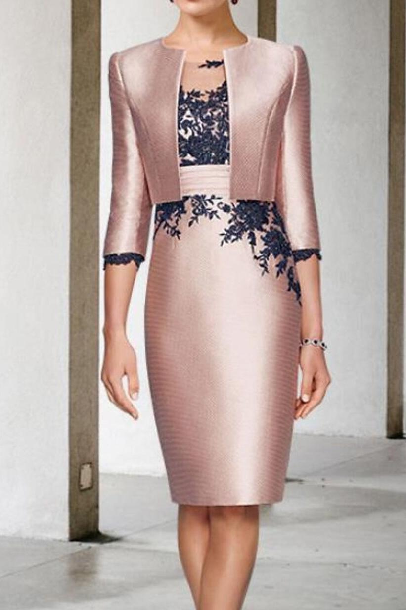 Color Block 2024 Mother of the Bride Two-Piece Dress with Appliques 3/4 Sleeve and Knee-Length