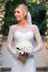 Column Lace Long Sleeve White Wedding Dress Bridal Gown With Appliques